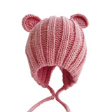 Knitted Winter Baby Hat with Ears Cartoon Lace-up Children Kids Baby Bonnet Cap for 1-3 Years 5 Colors