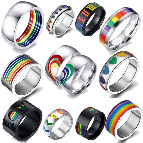 GTQ  Mens Womens Rainbow Colorful LGBT Ring Stainless Steel Wedding Band Lebian & Gay Rings Drop Shipping