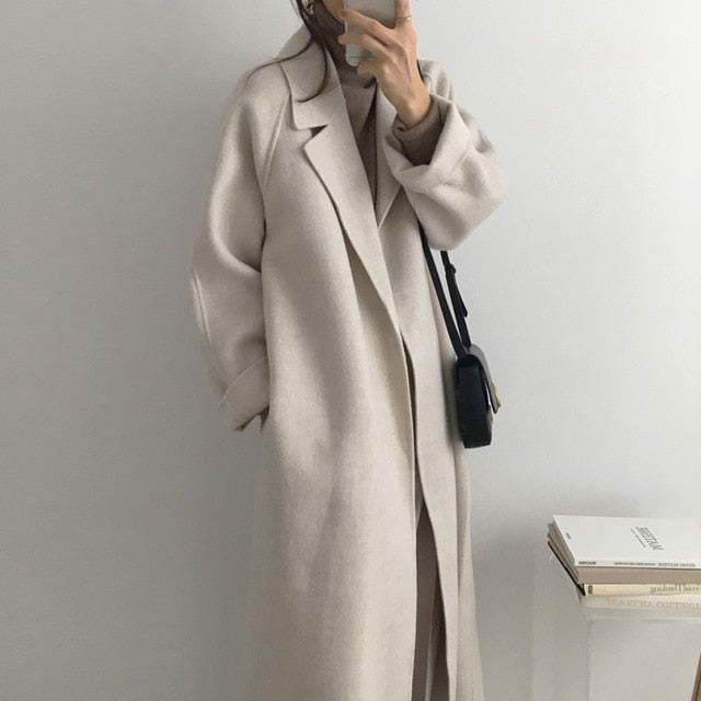 Aachoae Women Elegant Long Wool Coat With Belt Solid Color Long Sleeve Chic Outerwear Ladies Overcoat Autumn Winter 2020