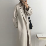 Aachoae Women Elegant Long Wool Coat With Belt Solid Color Long Sleeve Chic Outerwear Ladies Overcoat Autumn Winter 2020