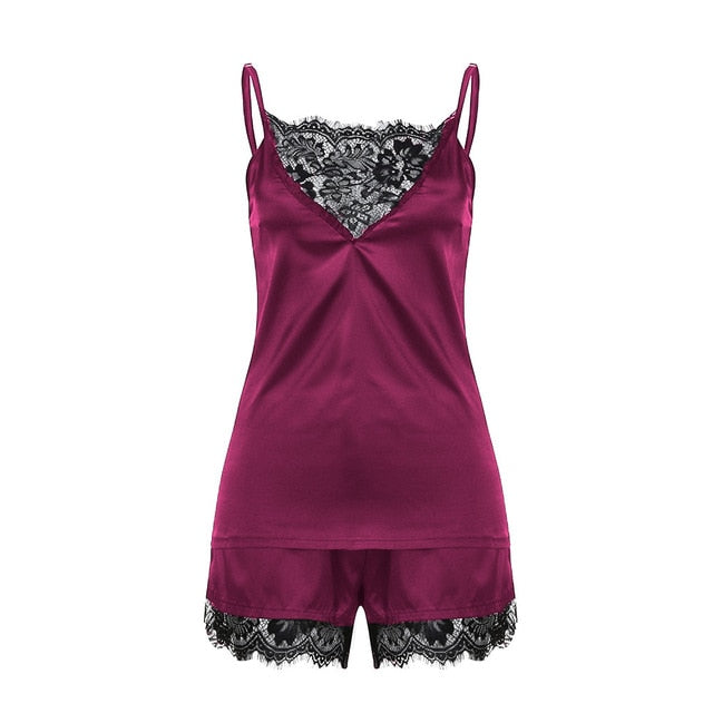 Sexy Women Ladies Satin Lingerie Lace Pajamas Set Elegant Sleeveless Top and Shorts Night Suit Pj Set Underwear Sleepwear