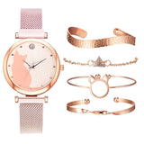 5pcs/set Women Watches Rose Gold Bracelet Set Cat Pattern Black Magnet Watch Ladies Bracelet Wrist Watches Luxury Quartz Clock