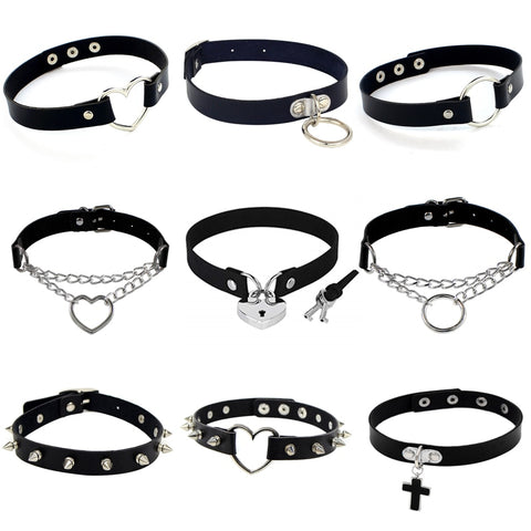 2020 Punk PU Leather Lock Key Heart Round Spike Rivet Collar Studded Choker Necklace Body Birthday Party Gift chocker Jewelry