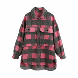 Stylish Sweet Plaid Woolen Shirt Jackets Women Fashion Pockets Turn-down Collar Check Jacket Cute Girls Chic Coat Streetwear