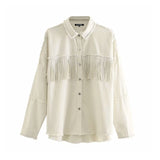 Vintage Stylish Fringe Beaded Loose Denim Jacket Coat Women 2020 Fashion Long Sleeve Frayed Trim Ladies Outerwear Chaqueta Mujer