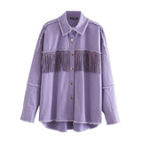 Vintage Stylish Fringe Beaded Loose Denim Jacket Coat Women 2020 Fashion Long Sleeve Frayed Trim Ladies Outerwear Chaqueta Mujer