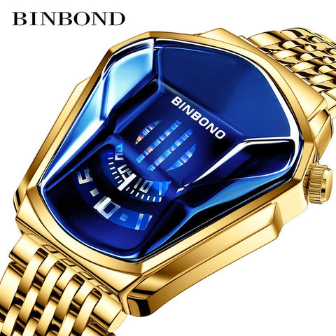 Fashion Cool Locomotive Mens Watches Top Brand Luxury Quartz Gold Wristwatch Men Waterproof Geometric Shape Relogio Masculino