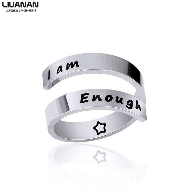 I AM Enough Stainless Steel Ring Jewelry Engraved Rings Spiral Wrap Twist Adjustable Ring Inspiration Jewelry Gift