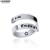 I AM Enough Stainless Steel Ring Jewelry Engraved Rings Spiral Wrap Twist Adjustable Ring Inspiration Jewelry Gift