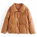 Women PU Leather Parkas Fashion High Street Solid Faxu Leather Coats Elegant Winter Thick Cotton Jackets Loose Outerwear