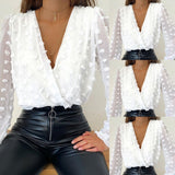 Women Deep V Neck Top White Jacquard Fashion Shirt Female Long Sleeve Chic Shirt Sexy Polka Dot Solid Color Mesh Blouses D30