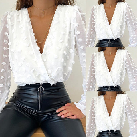 Women Deep V Neck Top White Jacquard Fashion Shirt Female Long Sleeve Chic Shirt Sexy Polka Dot Solid Color Mesh Blouses D30