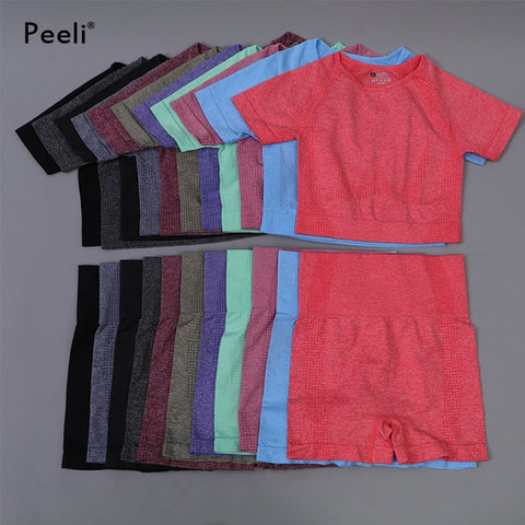 Seamless Yoga Set Sport Suit Fitness Clothes for Women Gym Set Short Sleeve Gym Crop Top High Waist Shorts Workout Sportswear