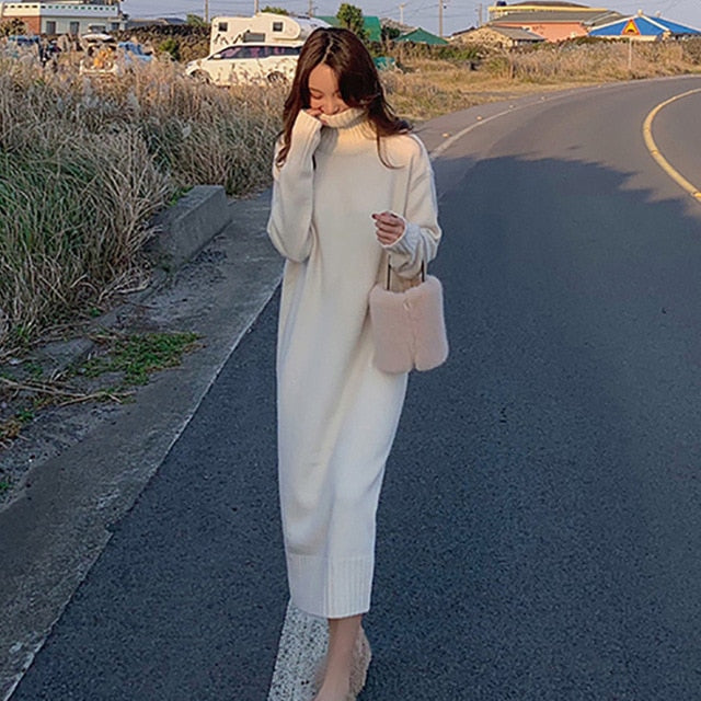 BGTEEVER Vintage Loose Turtleneck Long Sweater Dress Women  Full Sleeve Warm Pullover Knitted Female Dress 2020 Winter Vestidos