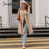 Simplee Causal light tan autumn women trench coat Split joint elegant long sleeve coat Plaid long coat with belt windbreaker