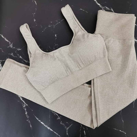 Khaki Sports Set 2 Piece Set Women Yoga Sets High Waist Sports Leggings Sports Bra Gym Clothing Workout Set Sport Suit Women