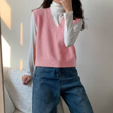 Autumn Sweater Vest Women's Vest  Sweater Korean Elegant Student V-neck Pullover Loose Casual Knitting Tops Outerwear Vest