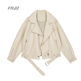 FTLZZ 2020 New Spring Women Pu Leather Motorcycle Jacket Female With Belt Solid Color Jackets Ladys Loose Casual Jacket