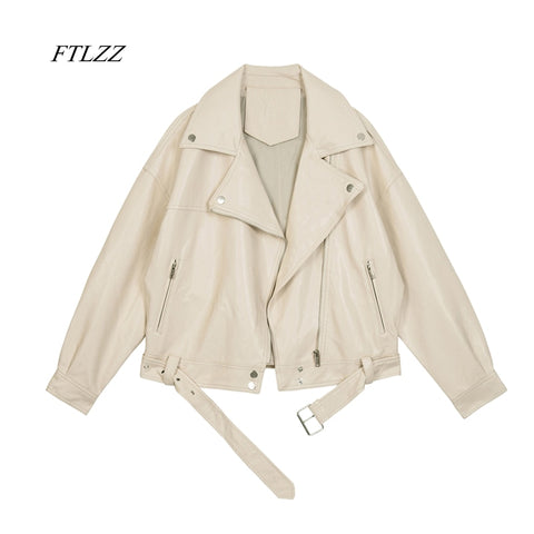 FTLZZ 2020 New Spring Women Pu Leather Motorcycle Jacket Female With Belt Solid Color Jackets Ladys Loose Casual Jacket