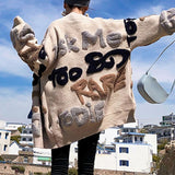 Women Overcoat Beaded Geometric 2020 Autumn Winter Long Sleeves V-Neck Vintage Ladies Outwear Overcoats  Retro Chic Female Coats