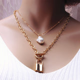 KMVEXO Fashion 2 Layers Pearls Geometric Pendants Necklaces For Women Gold Metal Snake Chain Necklace New Design Jewelry Gift