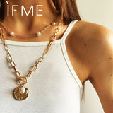 IF ME Vintage Multi Layered Necklace For Women Bohemian Coin Star Moon Geometric Chain Round Pendant Necklace Collar Jewelry New