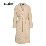 Simplee Fashion female winter windproof jacket  Casual sashes women winter parka Long straight coat with rhombus pattern 2020