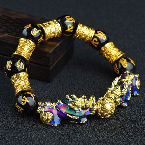 Unisex Obsidian Stone Beads Bracelets Chinese FengShui Pixiu Color Changing Wristband Wealth Good Luck Bracelet Men Women Chain