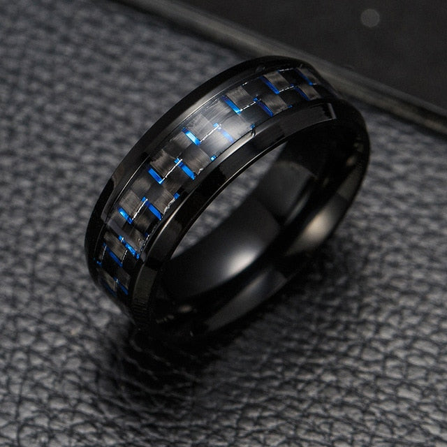 2020 Titanium Steel Black Carbon Fiber Rings Fashion Red Blue Ring Anel Masculino Mens Cool Jewelry