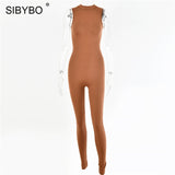 Sibybo Sleeveless Skinny Summer Rompers Womens Jumpsuit O-Neck Invisible Zipper Sexy Jumpsuit Women Solid Sport Casual Overalls