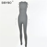 Sibybo Sleeveless Skinny Summer Rompers Womens Jumpsuit O-Neck Invisible Zipper Sexy Jumpsuit Women Solid Sport Casual Overalls