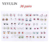 36Pairs/18pairs Earrings Mixed Styles Rhinestone Sun Flower Geometric Animal Plastic Stud Earrings Set For Women Girls Jewelry