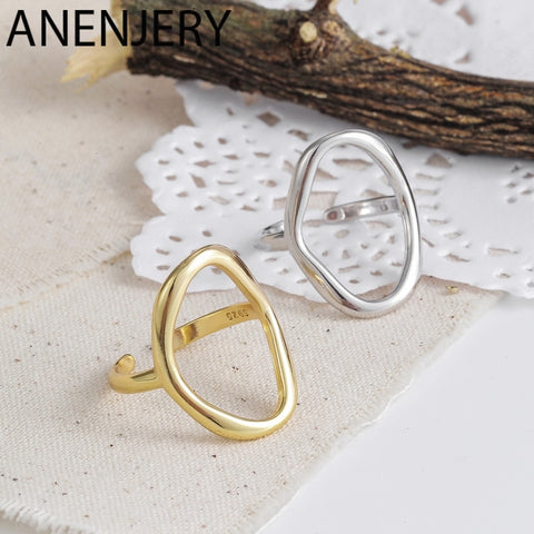 ANENJERY Minimalist Irregular Hollow Ellipse Gold Silver Color Geometric Ring For Women Open Rings S-R711