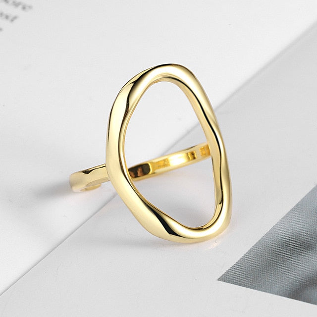 ANENJERY Minimalist Irregular Hollow Ellipse Gold Silver Color Geometric Ring For Women Open Rings S-R711