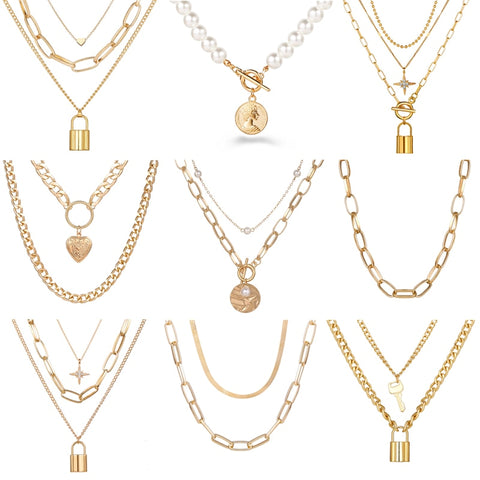 Punk Big Link Chain Necklace Choker for Women Steampunk Multi Layered Star Lock Pendant Necklace Statement Jewelry