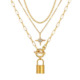 Punk Big Link Chain Necklace Choker for Women Steampunk Multi Layered Star Lock Pendant Necklace Statement Jewelry