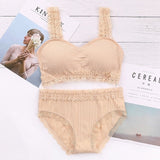 Women Seamless Bra Set/2PCS Female Comfort Breathable Sexy Lingeries Set Lace Ruffled Bra Panties Underwear Suit