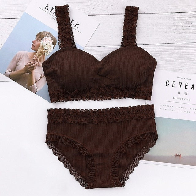 Women Seamless Bra Set/2PCS Female Comfort Breathable Sexy Lingeries Set Lace Ruffled Bra Panties Underwear Suit