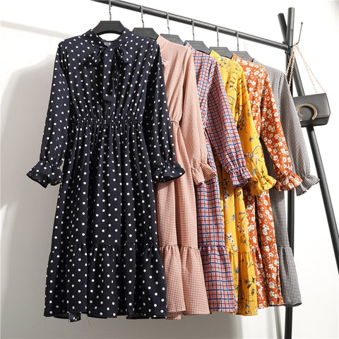 Korean Black Shirt Vestidos Office Polka Dot Vintage Autumn Dresses Women Dresss Ladies 2020 Midi Floral Long Sleeve Dress Femal