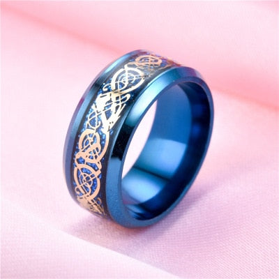 Stainless Steel Dragon Ring Red Green Carbon Fiber Black Dragon Inlay Comfort Fit For Men Wedding Band Ring Fashion jewelry