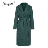 Simplee Long straight winter coat with rhombus pattern Casual sashes women parkas Deep pockets tailored collar stylish outerwear