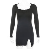 Women Winter Dress Women 2020 New Arrivals Sexy Long Sleeve Lace Split Black White Solid Party Dresses Vestidos