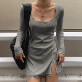 Women Winter Dress Women 2020 New Arrivals Sexy Long Sleeve Lace Split Black White Solid Party Dresses Vestidos