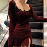 Women Winter Dress Women 2020 New Arrivals Sexy Long Sleeve Lace Split Black White Solid Party Dresses Vestidos