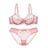 Fashion Embroidery Bras Underwear Women Set Plus Size Lingerie Sexy C D Cup Ultrathin Transparent Bra Panties Lace Bra Set Black