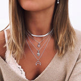 Tenande Bohemian Multi Layered Necklace for Women Vintage Portrait Coin Star Moon Pendant Necklace Geometric Collier Collares