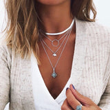 Tenande Bohemian Multi Layered Necklace for Women Vintage Portrait Coin Star Moon Pendant Necklace Geometric Collier Collares