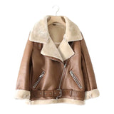 Fur Long Sleeved Loose Belt Warm Women's Jacket Lamb Wool Winter Thickened Locomotive Lapel Female Coat Beige Black Chic PU Tops