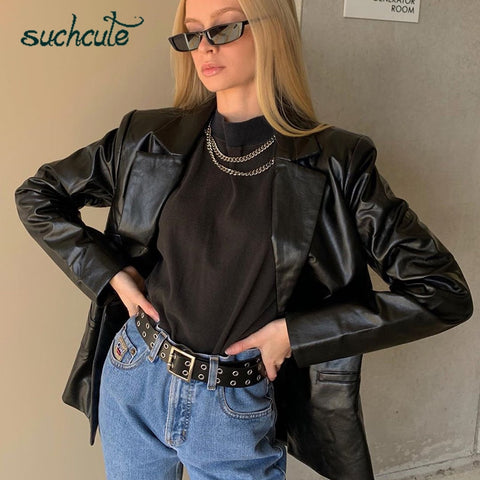 SUCHCUTE PU women leather jacket autumn coat 2020 streetwear black women Jacket y2k esthetic gothic vintage 90s outfits