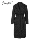 Simplee Fashion female winter windproof jacket  Casual sashes women winter parka Long straight coat with rhombus pattern 2020